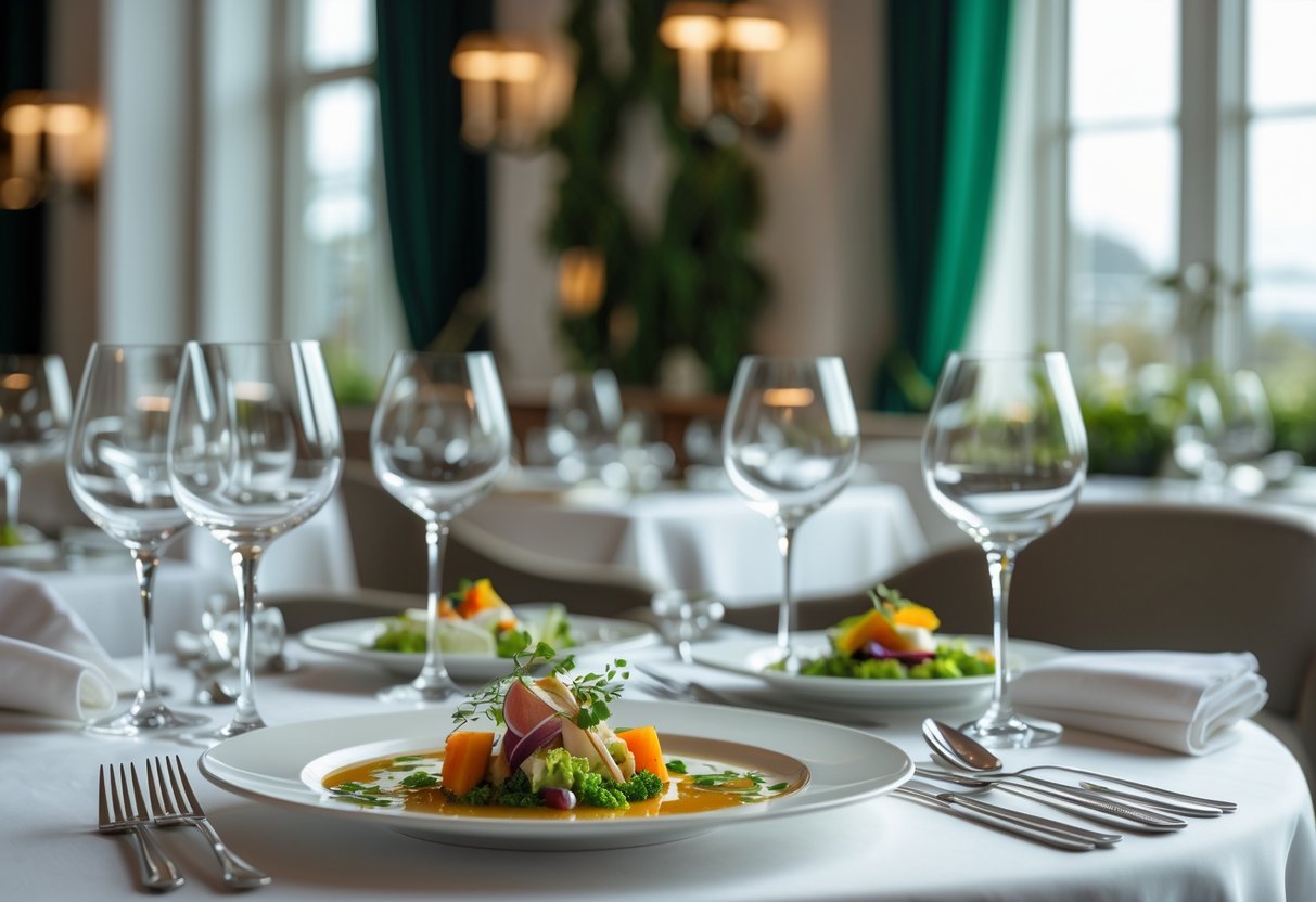A beautifully set table with gourmet dishes and elegant dining setup inside a high-end restaurant in Ireland.