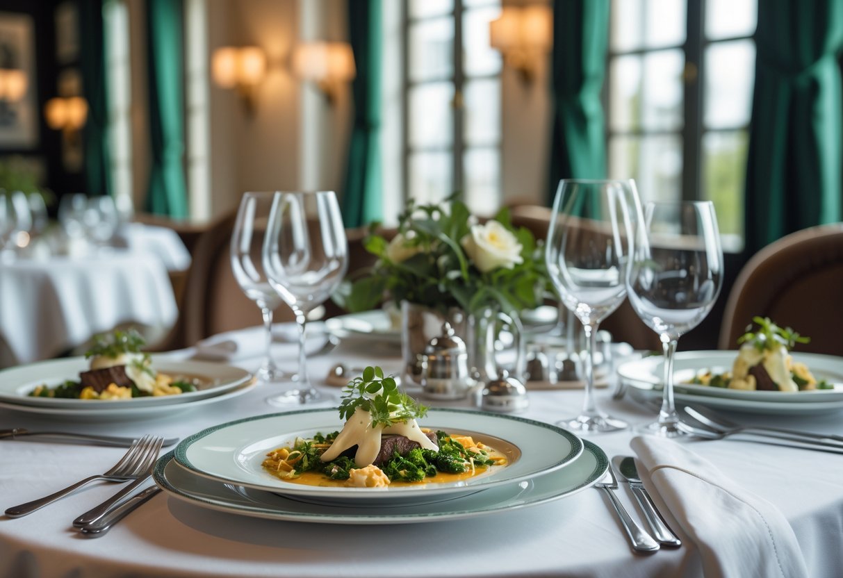 A beautifully set dining table with gourmet dishes in an elegant restaurant interior with natural light and tasteful decor.