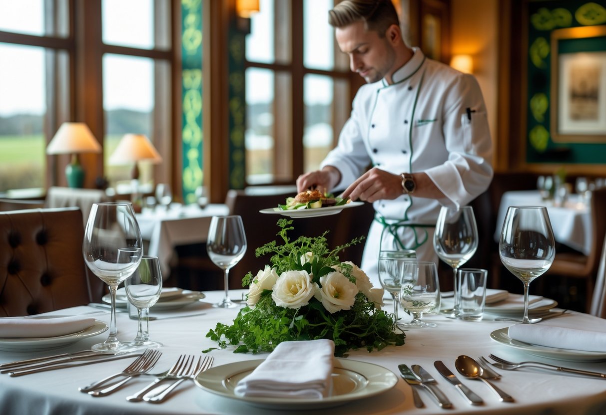 An elegant Irish restaurant interior with a set dining table and a chef plating a dish in the background.