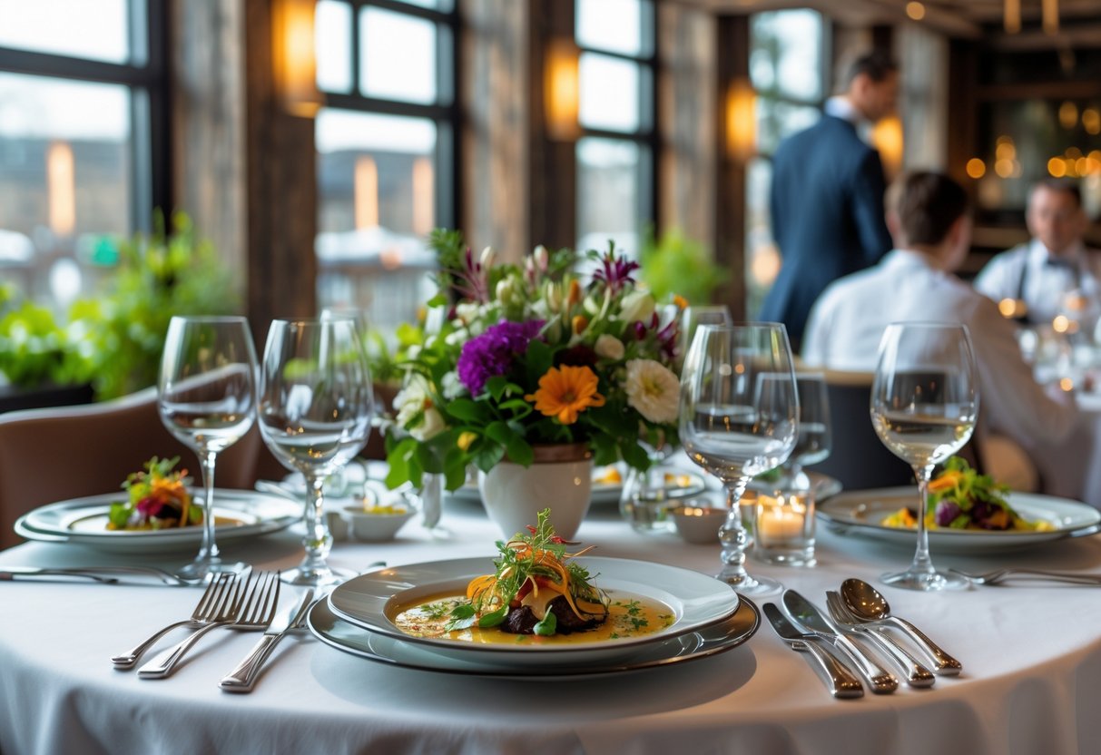 An elegant restaurant table set with gourmet dishes, wine glasses, and flowers inside a warm, inviting dining room.