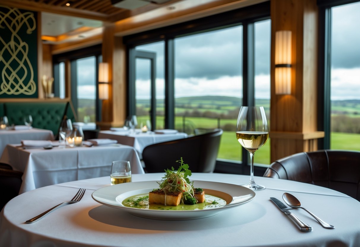 An elegant restaurant interior with a gourmet Irish dish on a table and a scenic view of green hills through large windows.