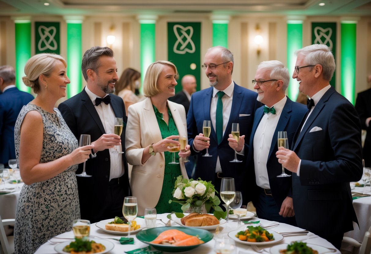 A group of people dressed formally at an awards event with food and drinks, celebrating together in a decorated banquet hall.