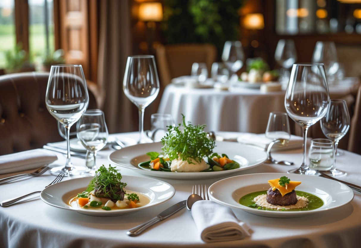 A beautifully set restaurant table with gourmet dishes and elegant tableware in a refined dining setting.