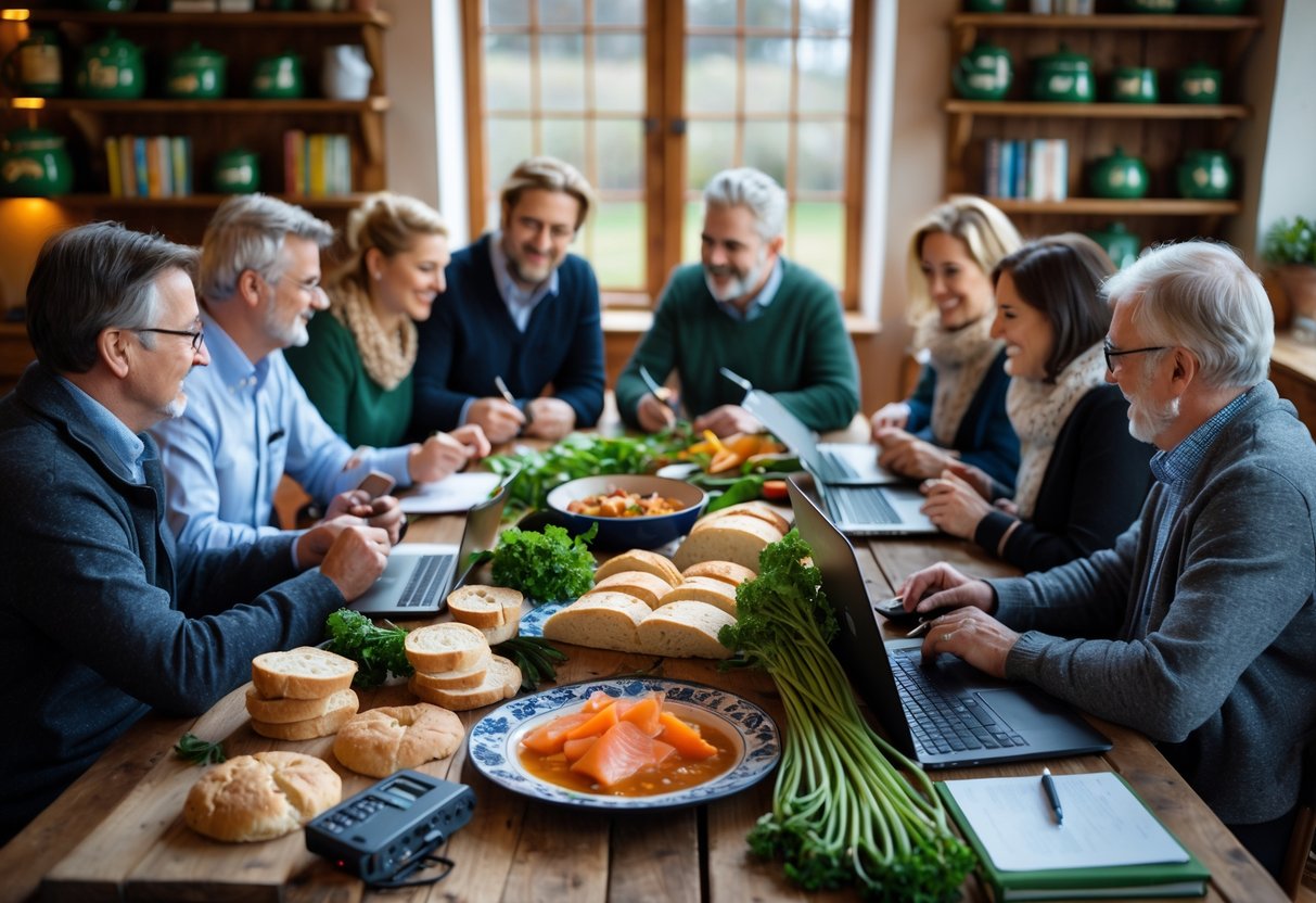 A group of people sitting around a table with traditional Irish food, talking and working with notebooks and laptops.