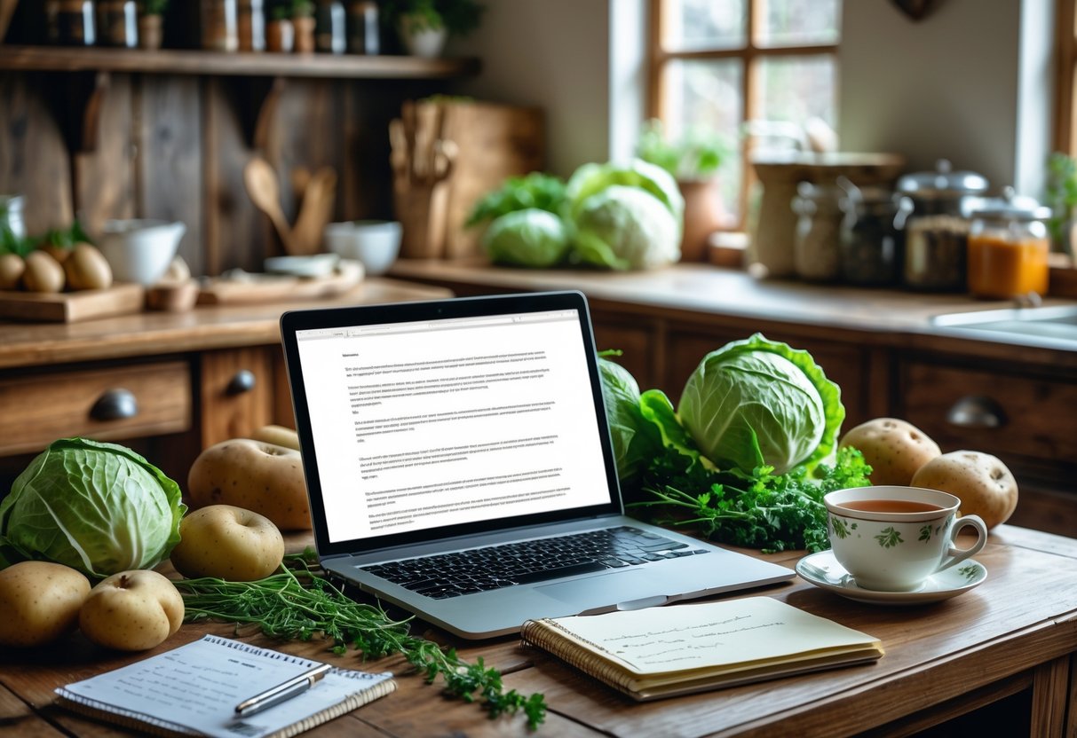 A workspace with a laptop, fresh Irish ingredients, a notepad, and a cup of tea in a cozy kitchen setting.