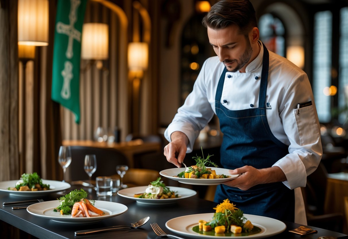 A chef plating gourmet Irish dishes in an elegant restaurant with warm lighting and Irish-themed decor.