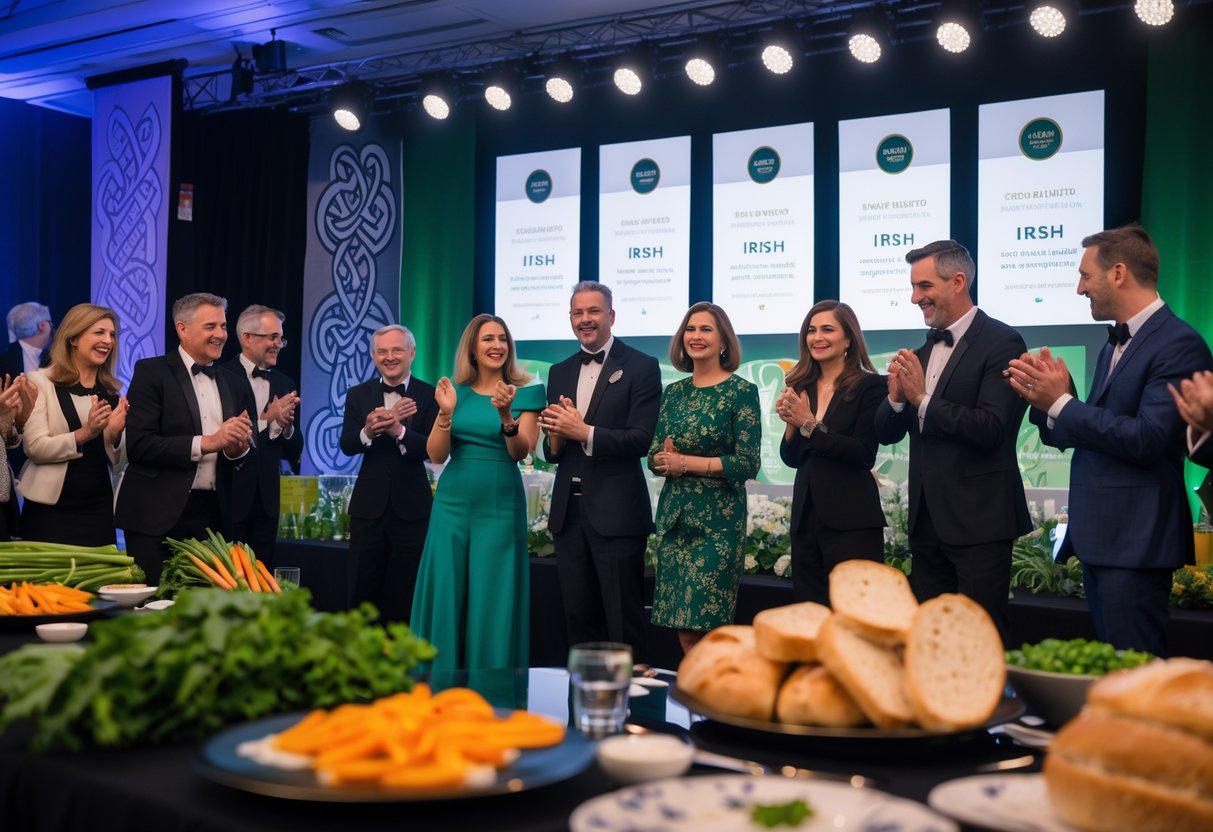 A group of formally dressed people at an awards ceremony celebrating Irish food writers, with spotlights and Irish-themed decorations in the background.