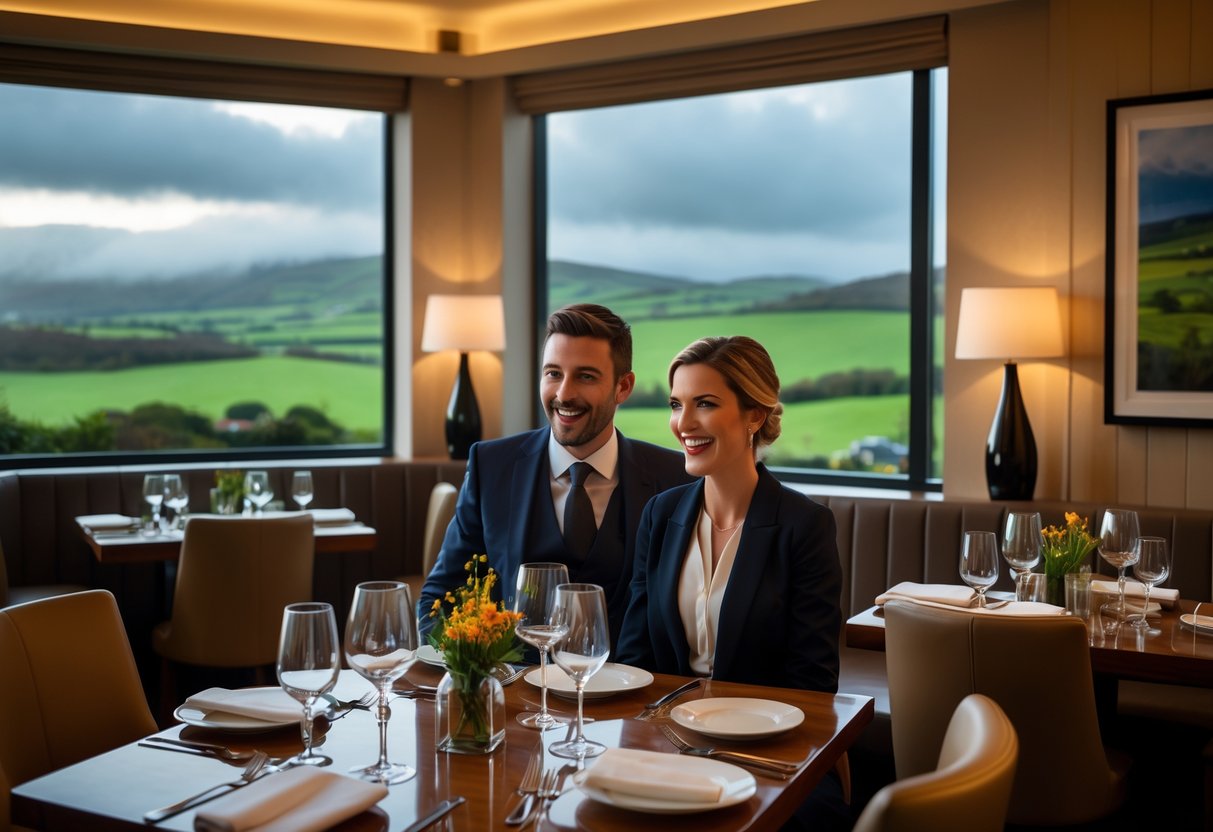 A couple dining in an elegant restaurant with a view of green hills outside a large window.