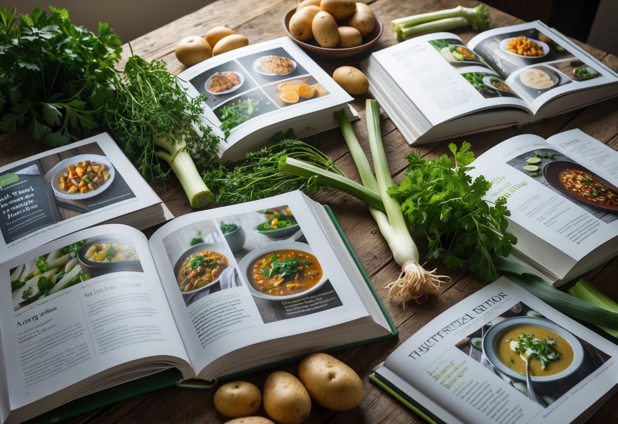 A wooden table with open cookbooks and fresh ingredients related to traditional Irish cuisine.
