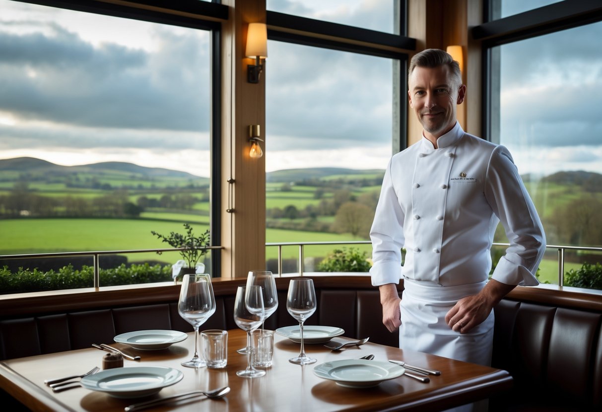 An elegant restaurant interior in Ireland with a set dining table and a chef standing nearby, overlooking a green landscape through large windows.