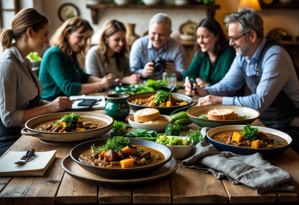 A group of people discussing and photographing traditional Irish dishes arranged on a wooden table.