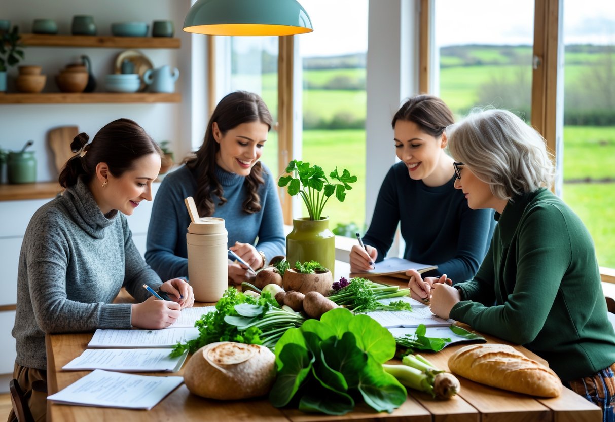 A group of people discussing food and writing notes around a table with fresh vegetables in a bright kitchen overlooking green countryside.