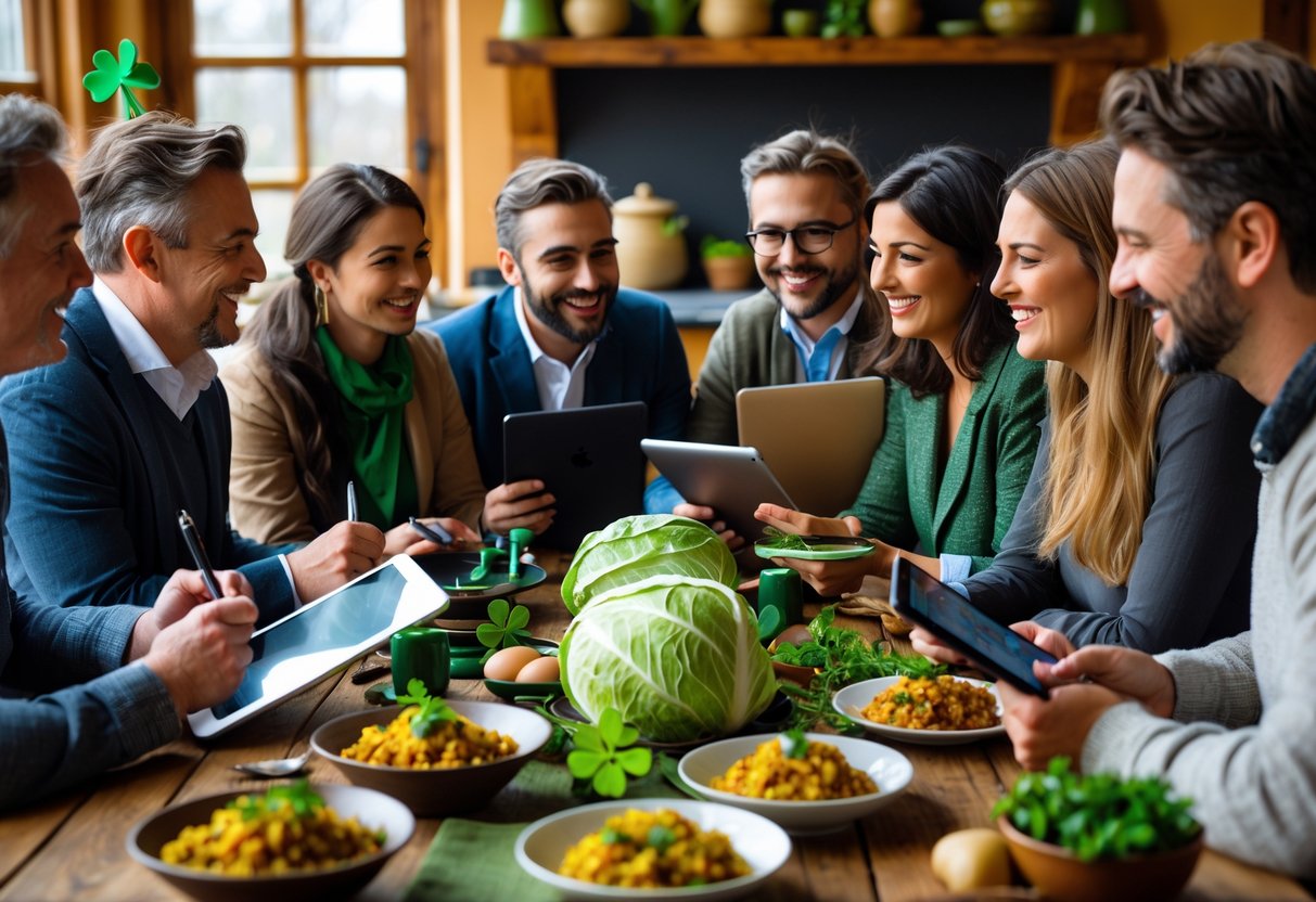 A diverse group of people sitting around a table with traditional Irish food, talking and writing notes.
