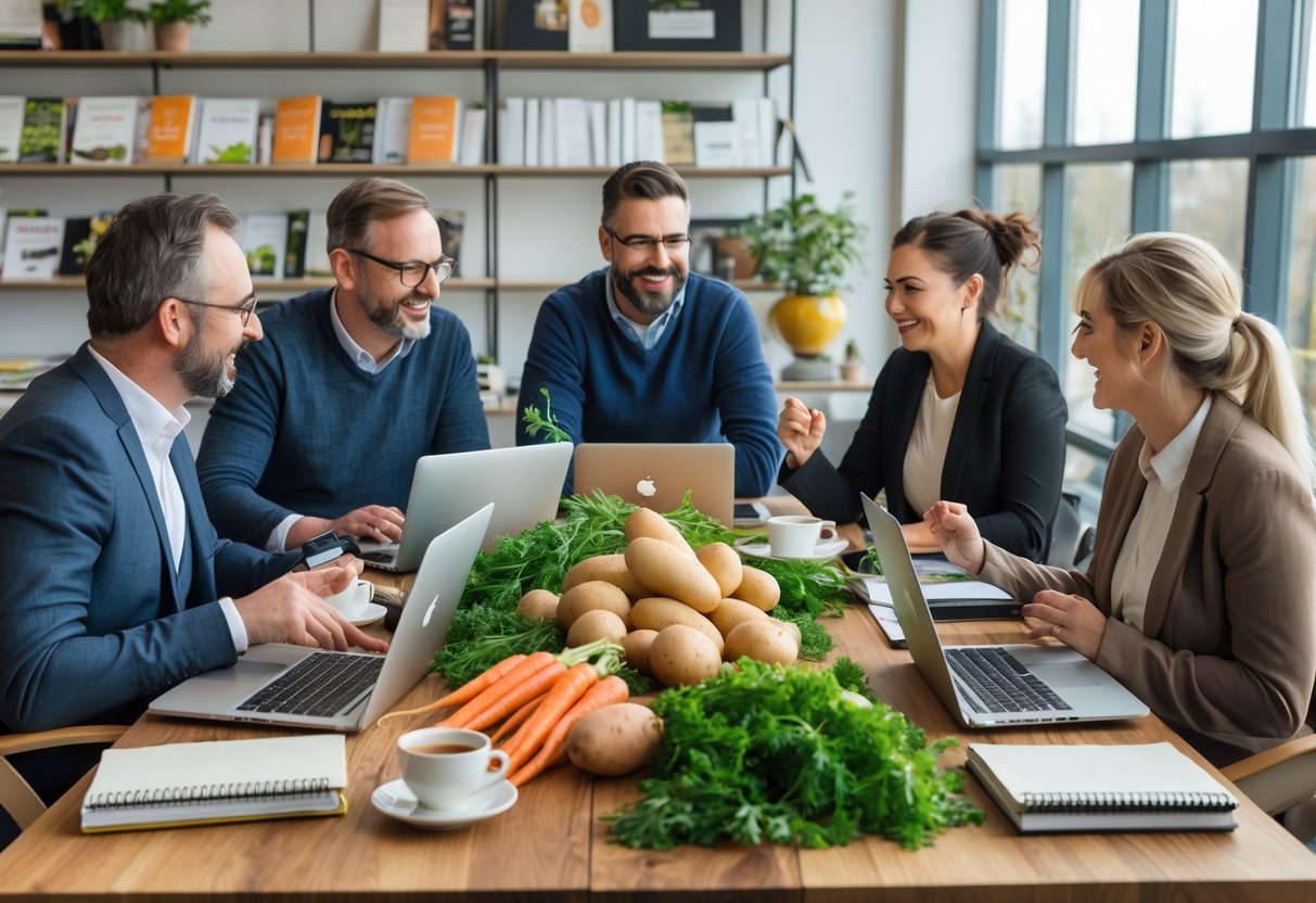 A group of Irish food writers collaborating around a table with fresh produce and laptops in a bright office.
