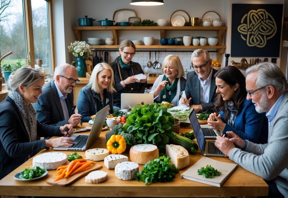 A group of Irish food writers working together around a table with traditional Irish ingredients in a bright kitchen studio.