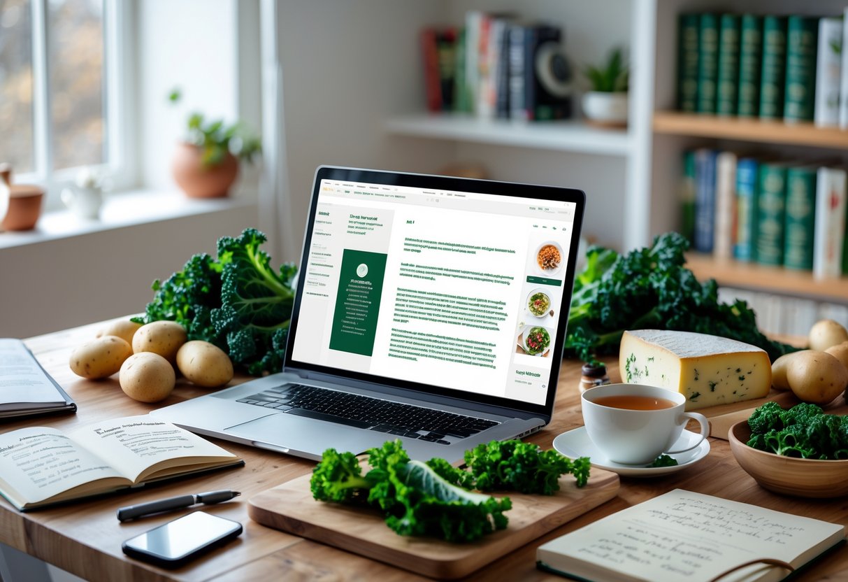 A workspace with a laptop, Irish food ingredients, notebooks, and a cup of tea arranged on a wooden table.