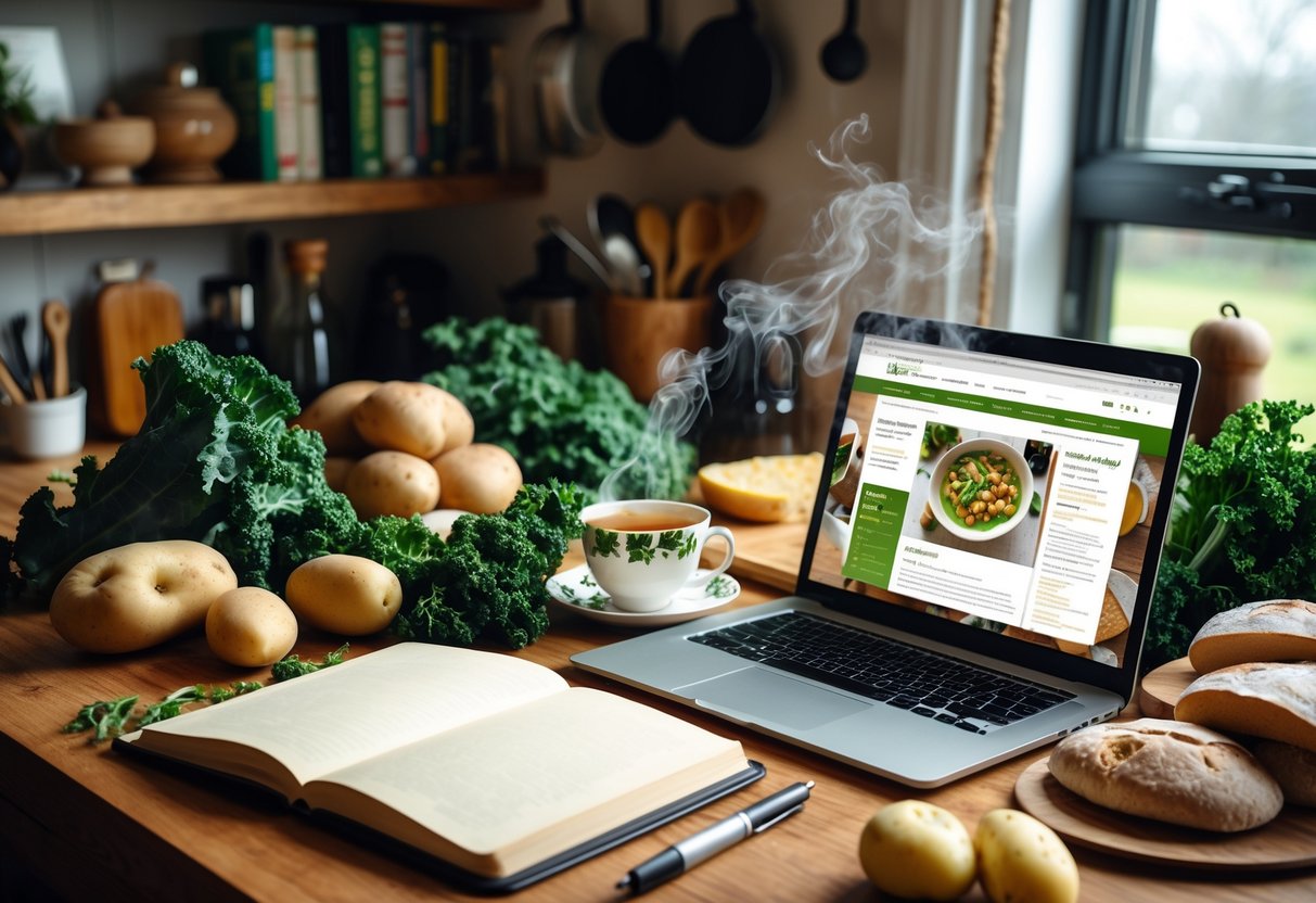 A cozy workspace with a laptop, notebook, cup of tea, and traditional Irish food ingredients on a wooden desk.