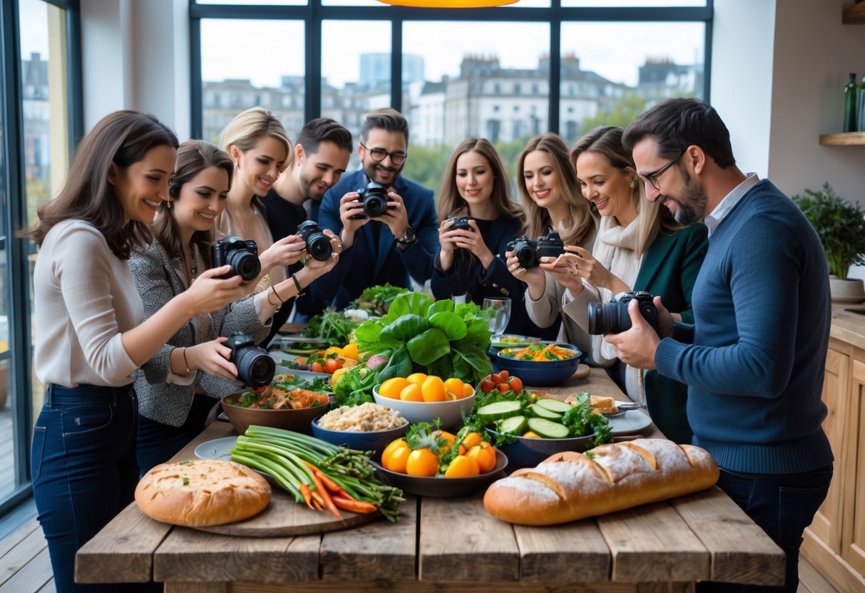 A group of food bloggers gathered around a table with fresh Irish food, taking photos and talking in a bright kitchen with a city view.