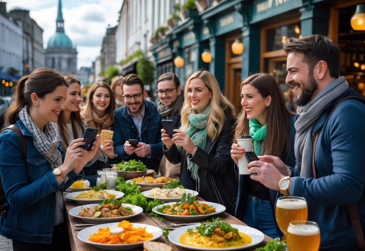 A group of Irish food bloggers outdoors at a Dublin food market, photographing and tasting traditional and modern Irish dishes on wooden tables.