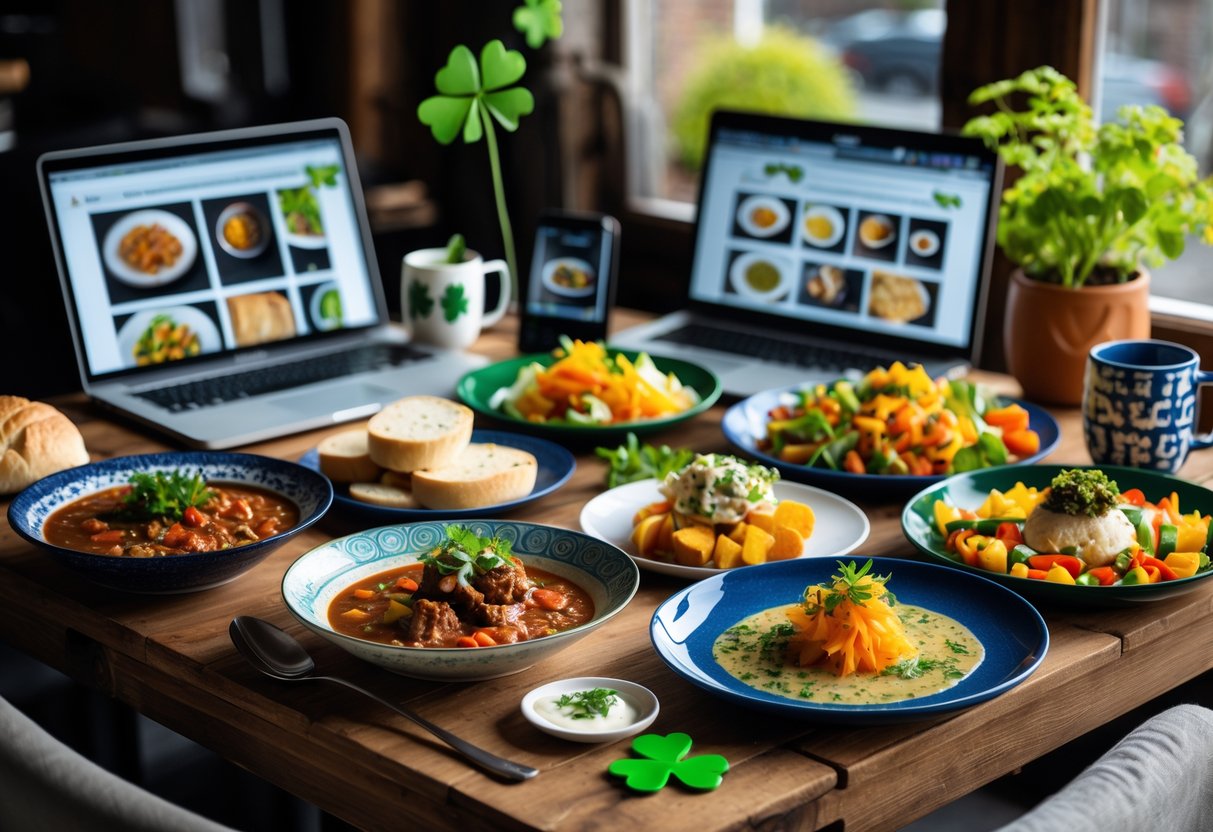 A wooden table with a variety of Irish and modern dishes, a laptop and smartphone showing food photos, and small Irish-themed decorations.