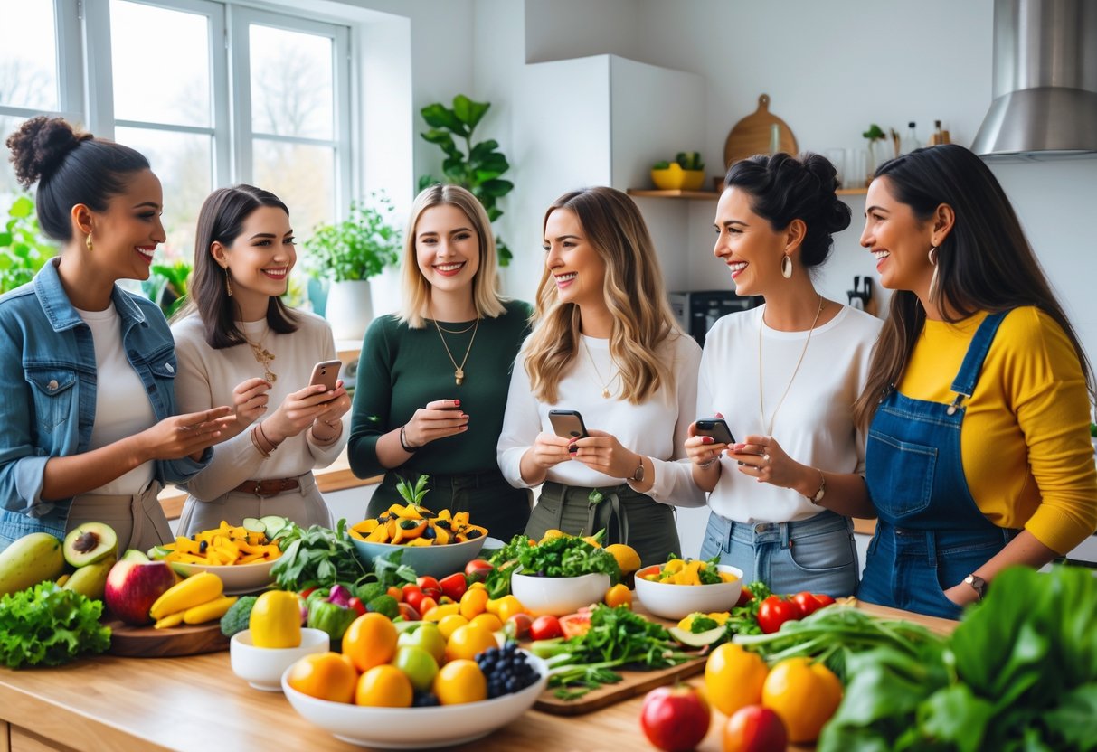 A group of diverse healthy food influencers and food bloggers in a bright kitchen with fresh fruits and vegetables, smiling and interacting while preparing food.