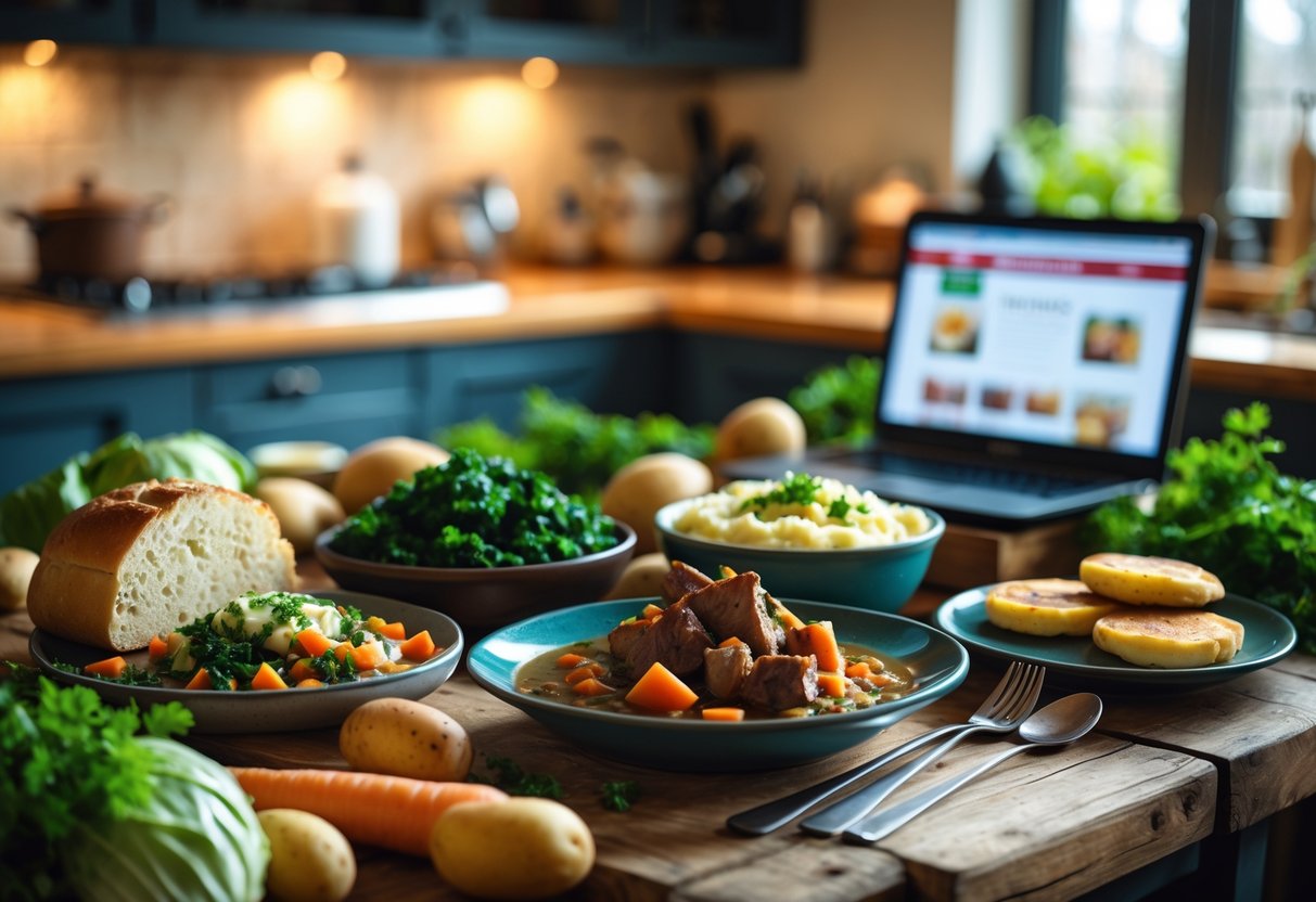 A wooden table with traditional Irish dishes including stew, soda bread, colcannon, and boxty pancakes, set in a bright kitchen with natural light and a blurred laptop in the background.