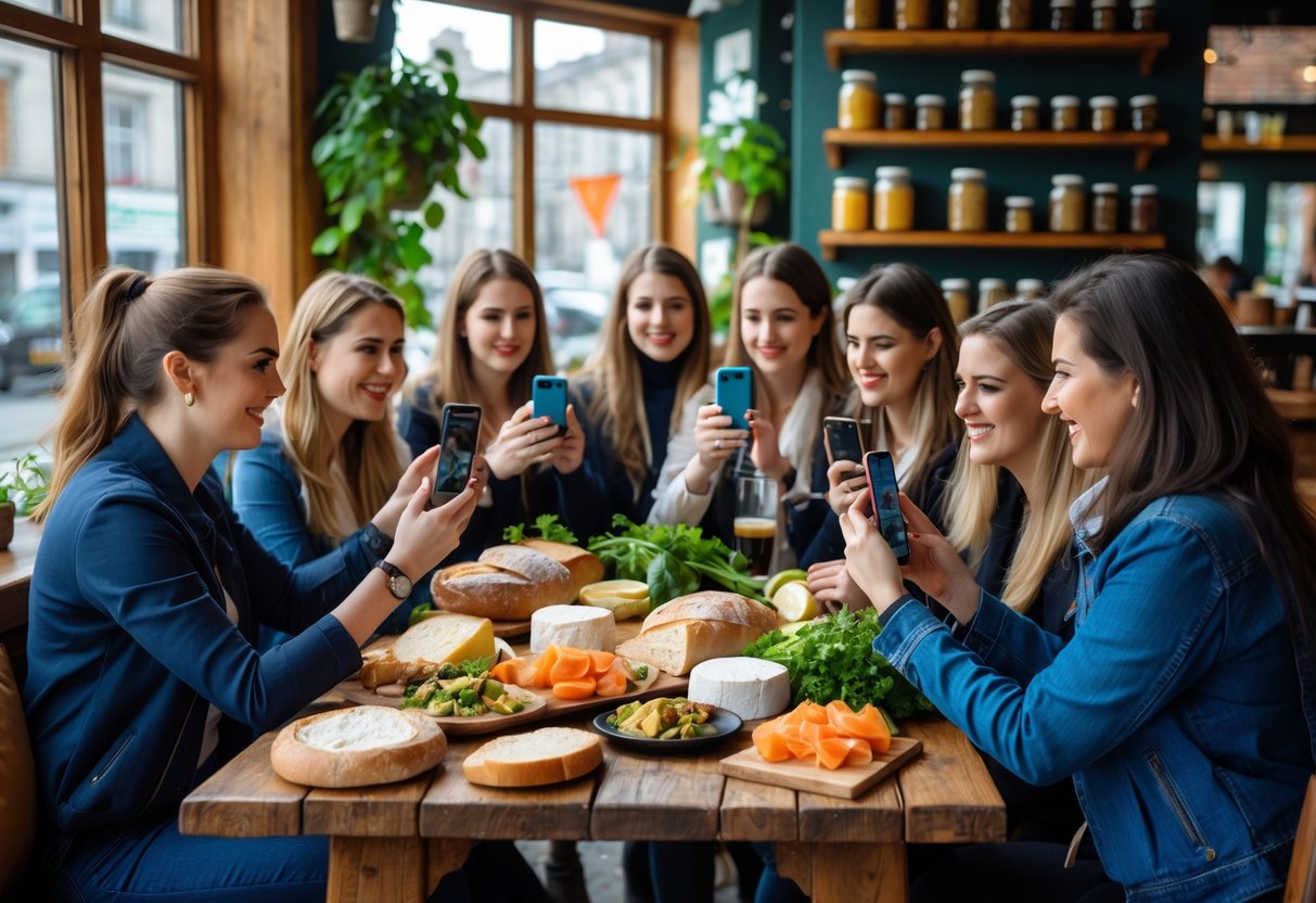 A group of food bloggers in a cozy caf&eacute; enjoying and photographing a variety of fresh Irish foods on a wooden table.