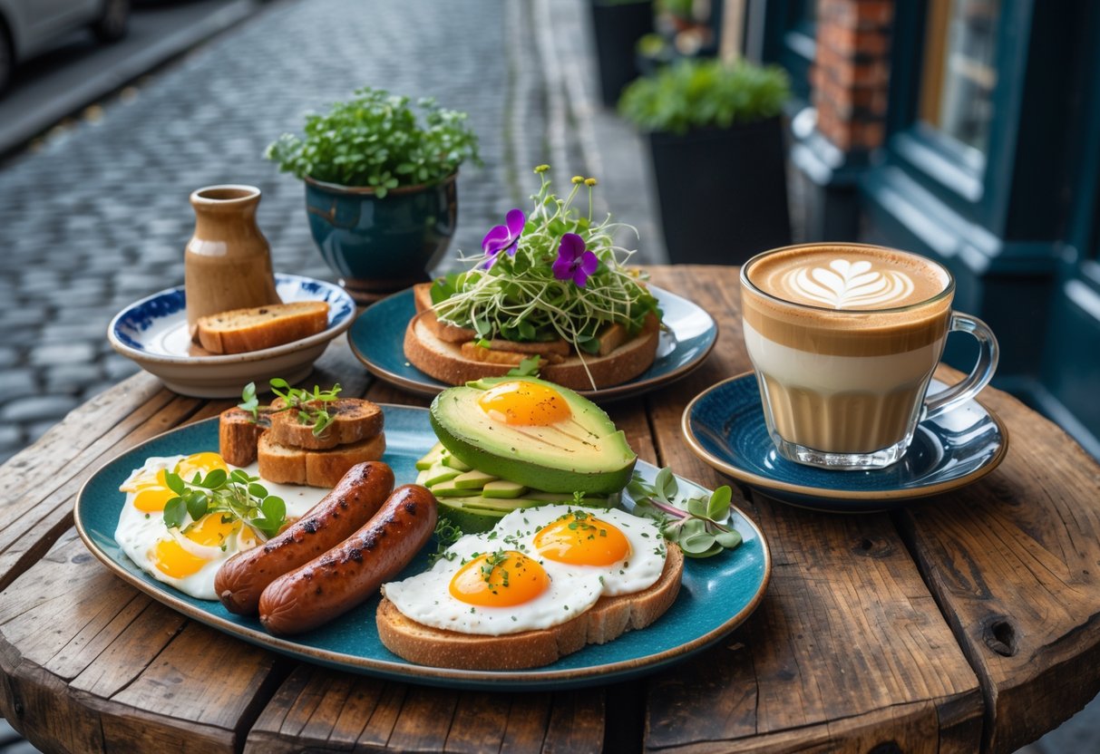 A table outdoors in Dublin with colorful Irish breakfast, avocado toast, and a latte, set against a cobblestone street and historic buildings.