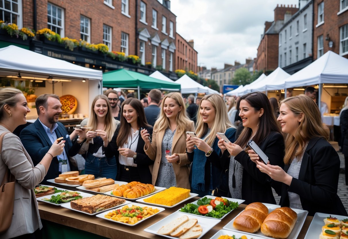 People enjoying a food event in Dublin, tasting dishes and talking near food stalls with city buildings in the background.