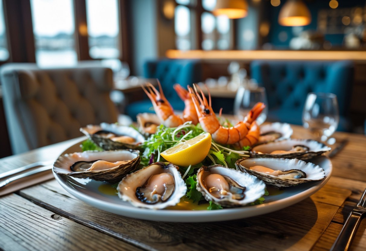 A beautifully plated seafood dish on a wooden table inside a cozy restaurant with soft lighting.