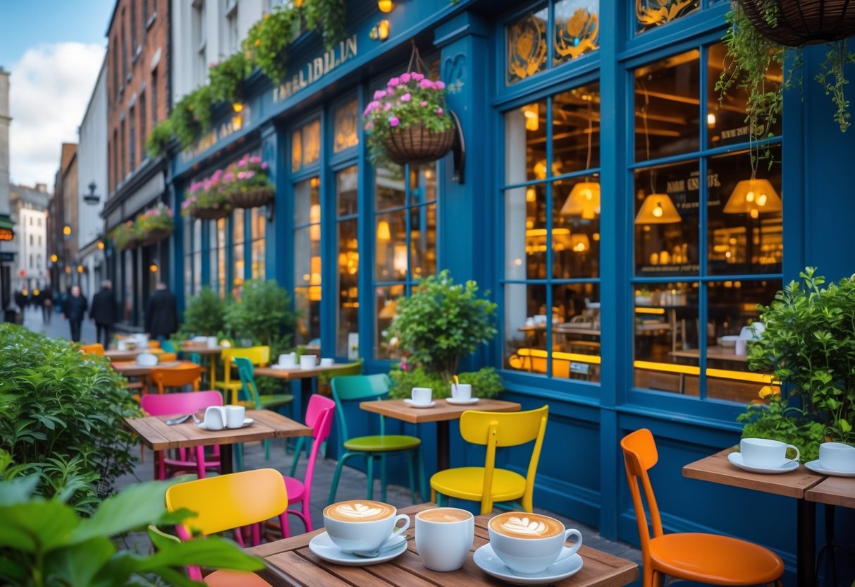 Outdoor seating area of a stylish caf&eacute; in Dublin with tables, chairs, plants, pastries, and coffee cups, set against a city street background.