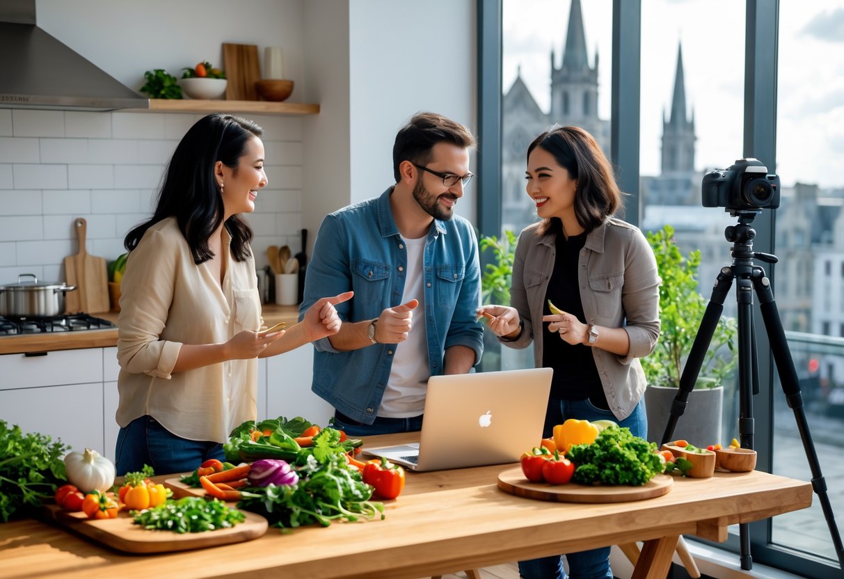 Three food bloggers collaborating in a bright kitchen with fresh ingredients and a laptop, with Dublin city visible through the window.