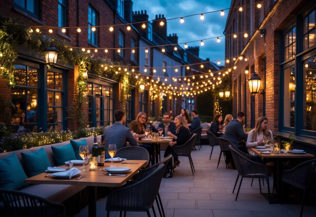 An outdoor dining area in Dublin during evening with people enjoying food under warm string lights and lanterns, surrounded by charming brick buildings.