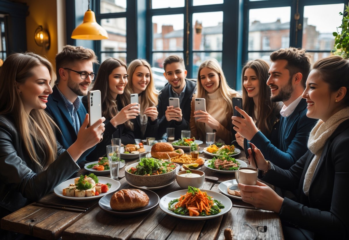 A group of young people enjoying and photographing a variety of Irish dishes at a caf&eacute; with a view of Dublin city through the windows.