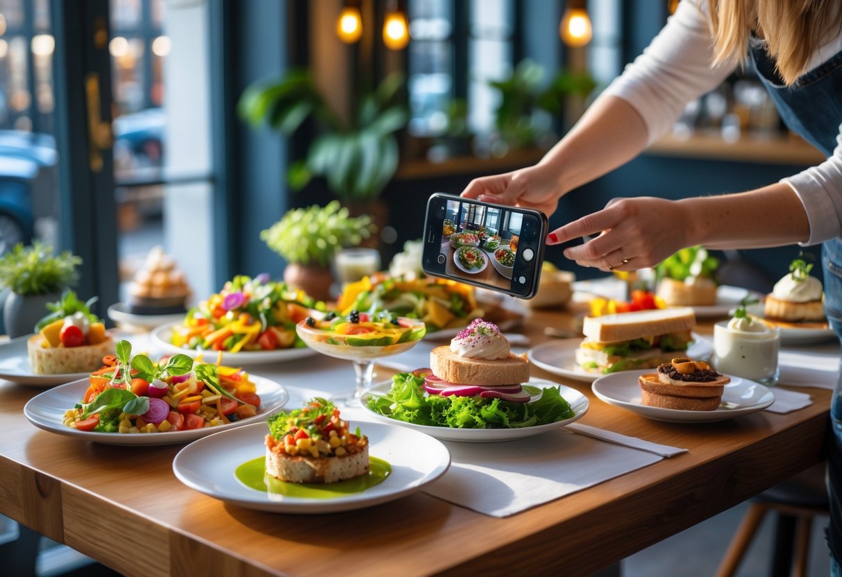 A person arranging colorful dishes on a wooden table in a bright caf&eacute;, preparing to take a photo of the food with a smartphone.