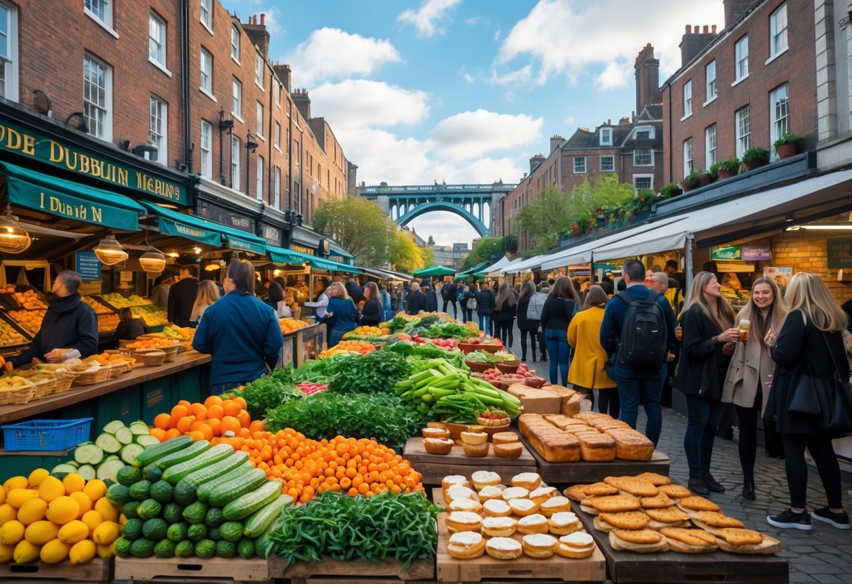 Outdoor market in Dublin with fresh food stalls, people enjoying traditional Irish dishes, and historic buildings in the background.