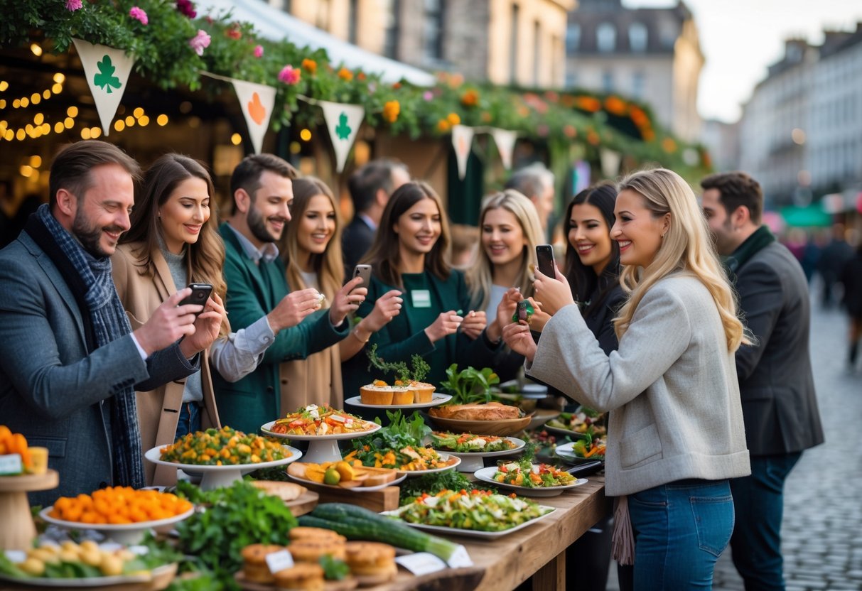People enjoying a seasonal outdoor food event in Dublin with tables full of fresh dishes and decorations, set against a city backdrop.
