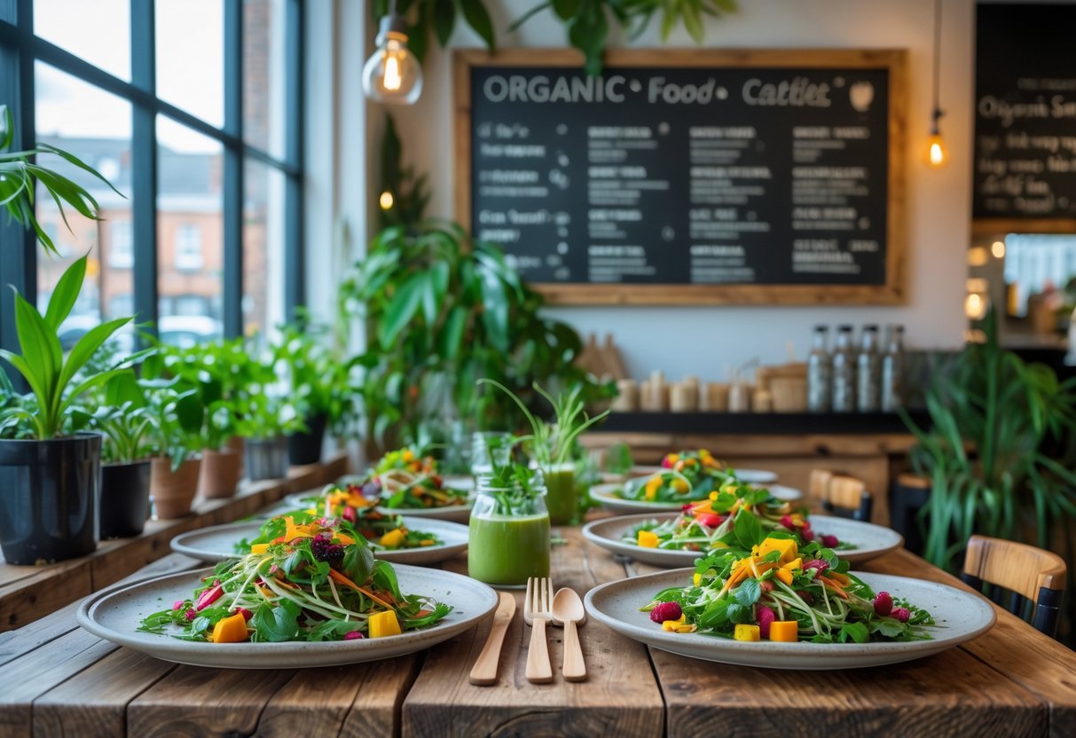 A cozy caf&eacute; table in Dublin with fresh plant-based dishes, green plants, and natural light highlighting an eco-friendly dining setting.
