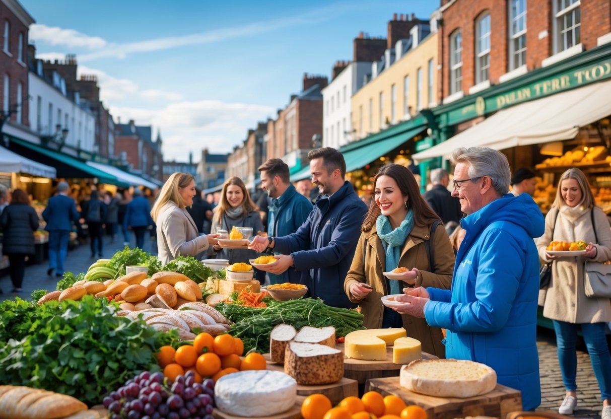 People enjoying a lively outdoor food market in Dublin with fresh food stalls and historic buildings in the background.