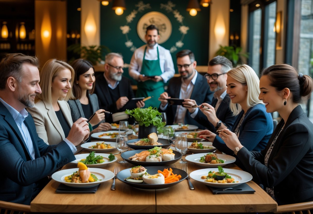 A group of restaurant critics tasting and evaluating dishes at a table in a modern Irish restaurant with a chef in the background.