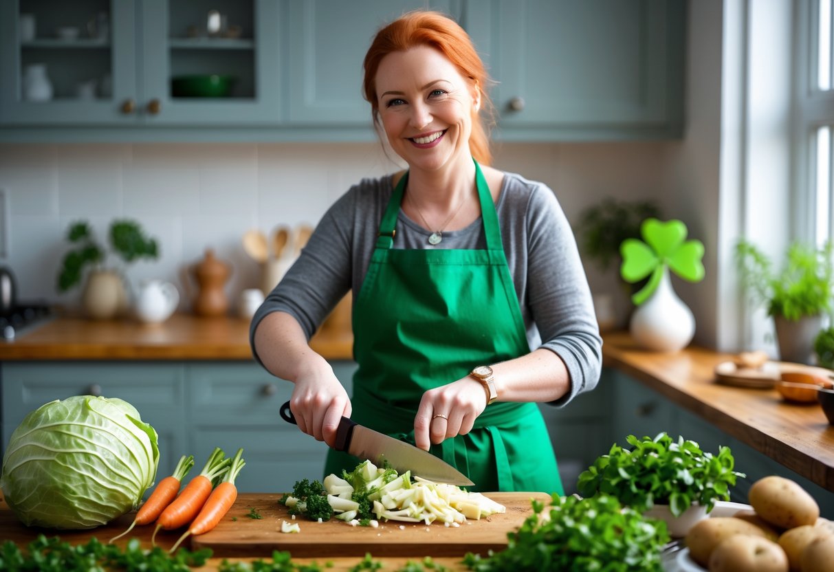 A person chopping vegetables in a kitchen with fresh ingredients and Irish-themed decor.