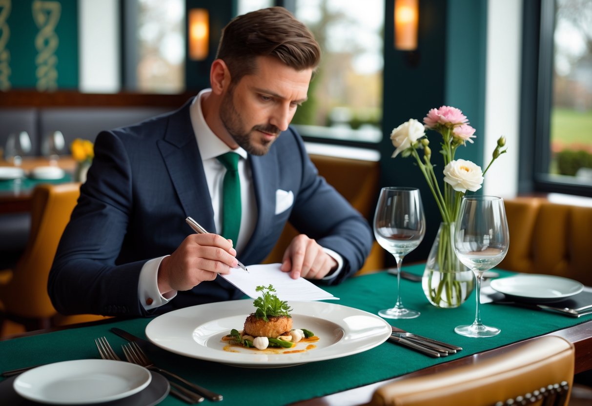 A restaurant critic tasting food and taking notes at a stylish restaurant table with elegant place settings and Irish decor.