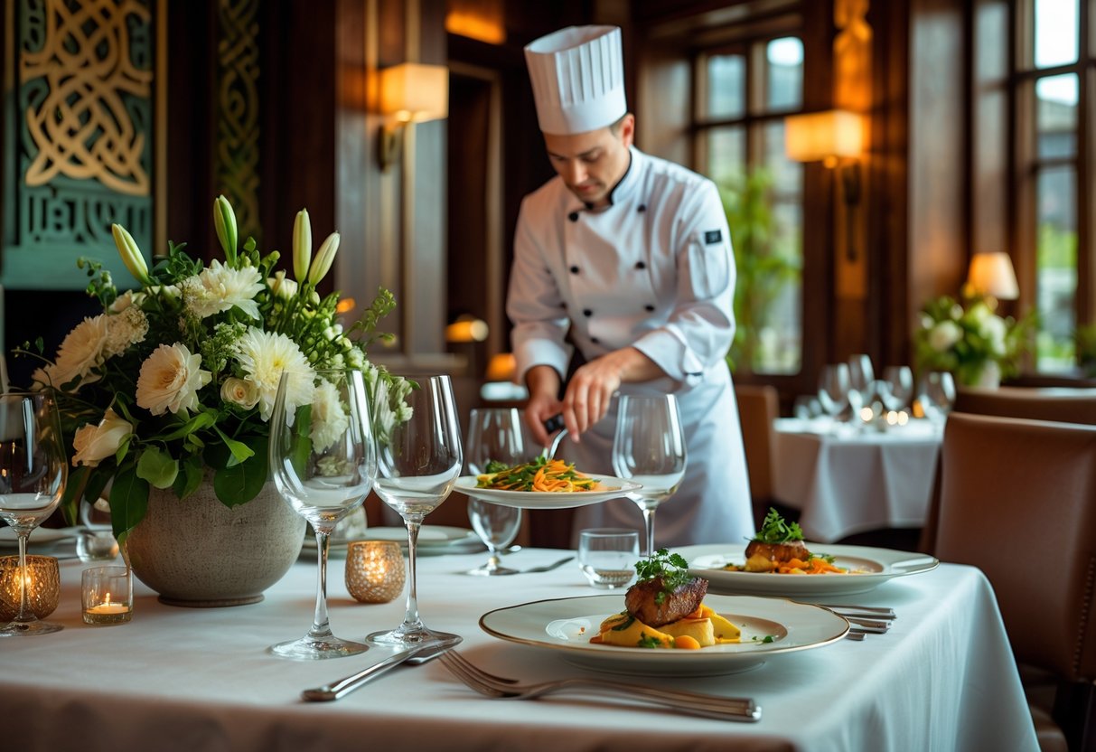 An elegant restaurant dining table set with fine dishes and a chef plating a gourmet meal in the background.