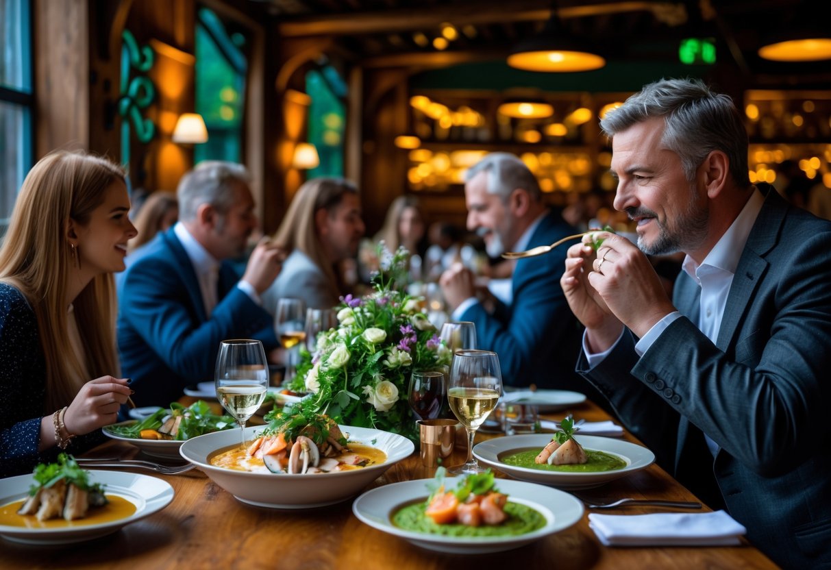 A busy restaurant in Galway with diners enjoying meals, featuring seafood dishes and warm, rustic interiors.