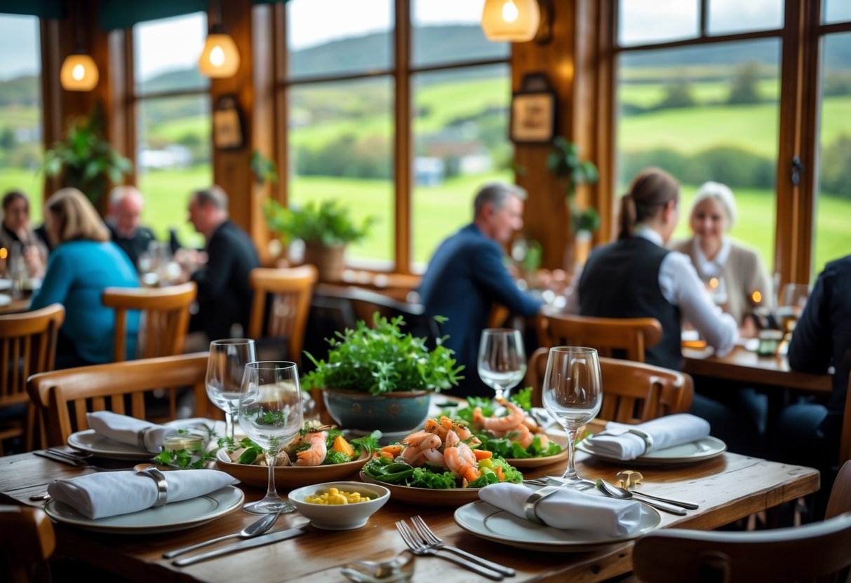 A warmly lit restaurant dining area in Kenmare, Ireland, with wooden tables set for meals, colorful dishes, and patrons enjoying their food.