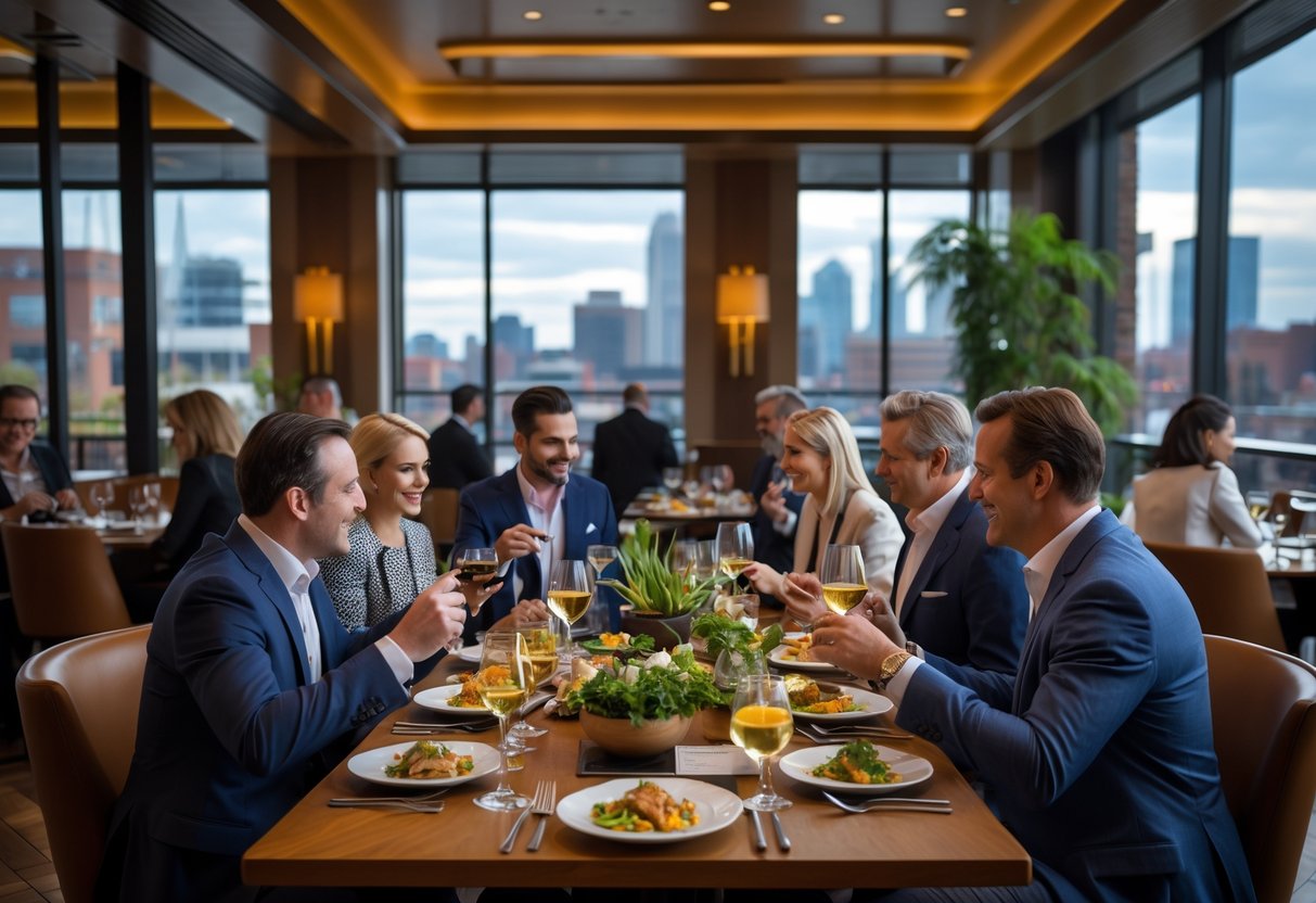 A group of people dining and talking at a stylish restaurant with a city view in Baltimore.