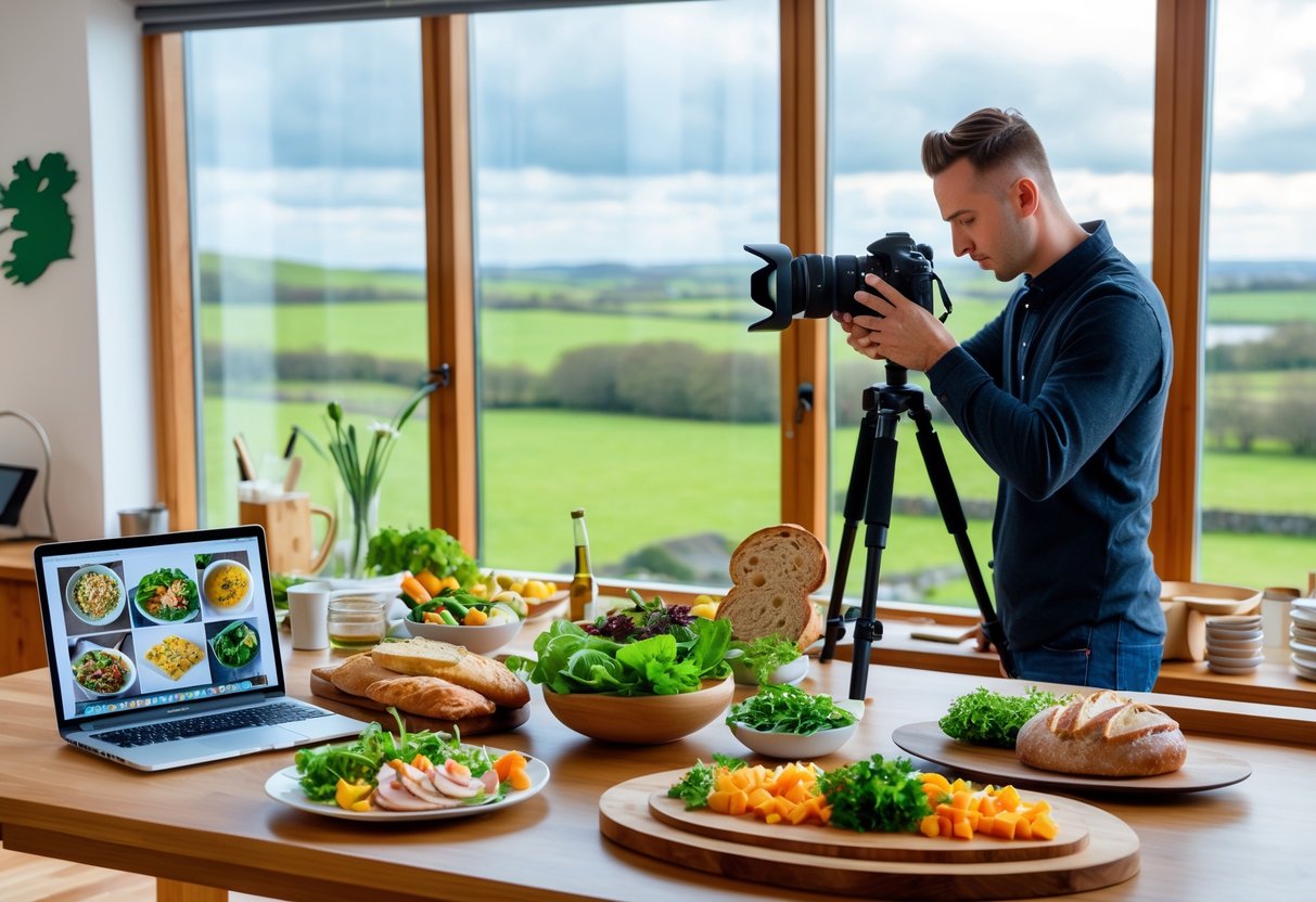 A food photographer adjusting a camera in a bright studio with styled Irish dishes on a table and a laptop displaying food photos.