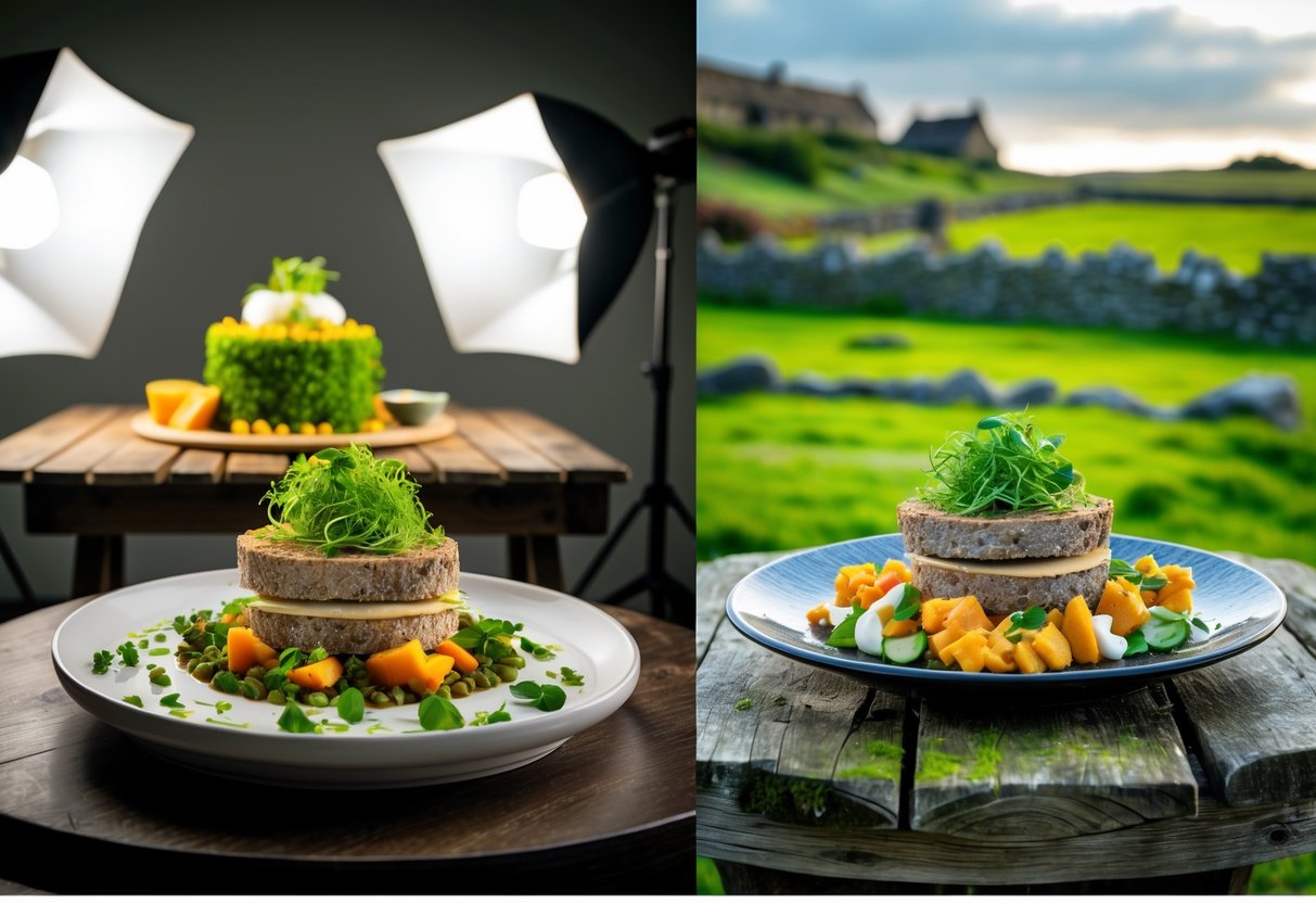 Side-by-side images of a traditional Irish meal, one taken in a studio with controlled lighting and the other outdoors on a rustic table with a countryside background.