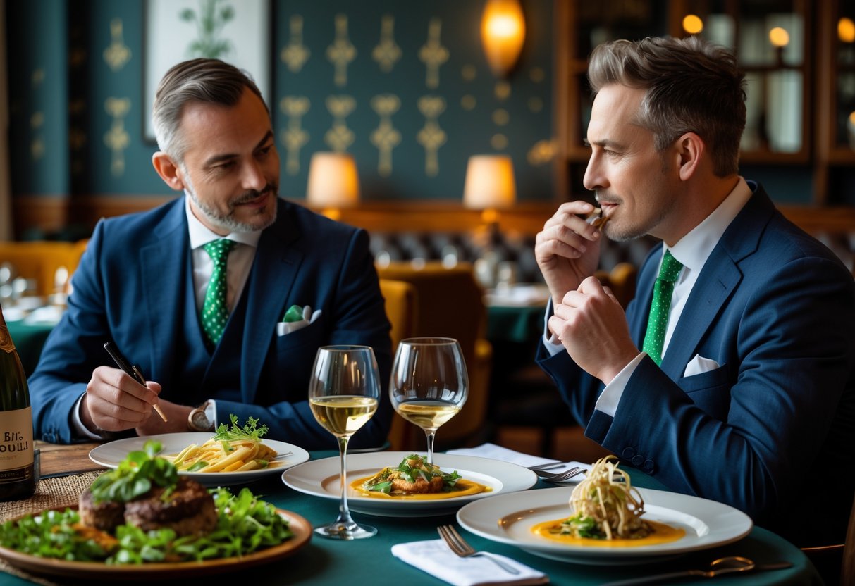 Two restaurant critics in an elegant Irish dining room discussing and tasting gourmet dishes at a table.