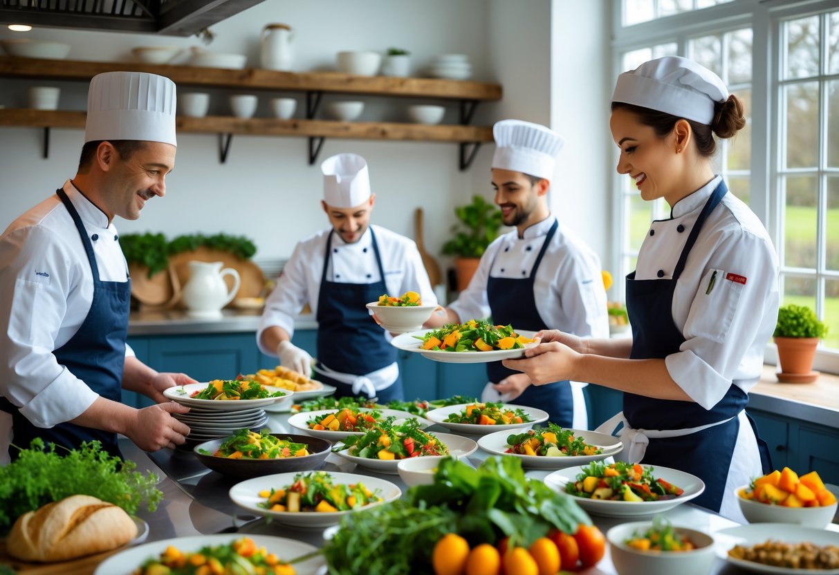 Chefs working together in a bright kitchen preparing and plating fresh dishes with fresh ingredients.